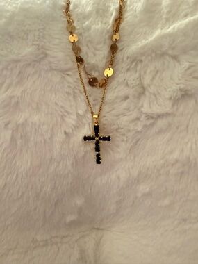 Gold Cross Pendant Necklace with Black Stones - Women's Jewelry